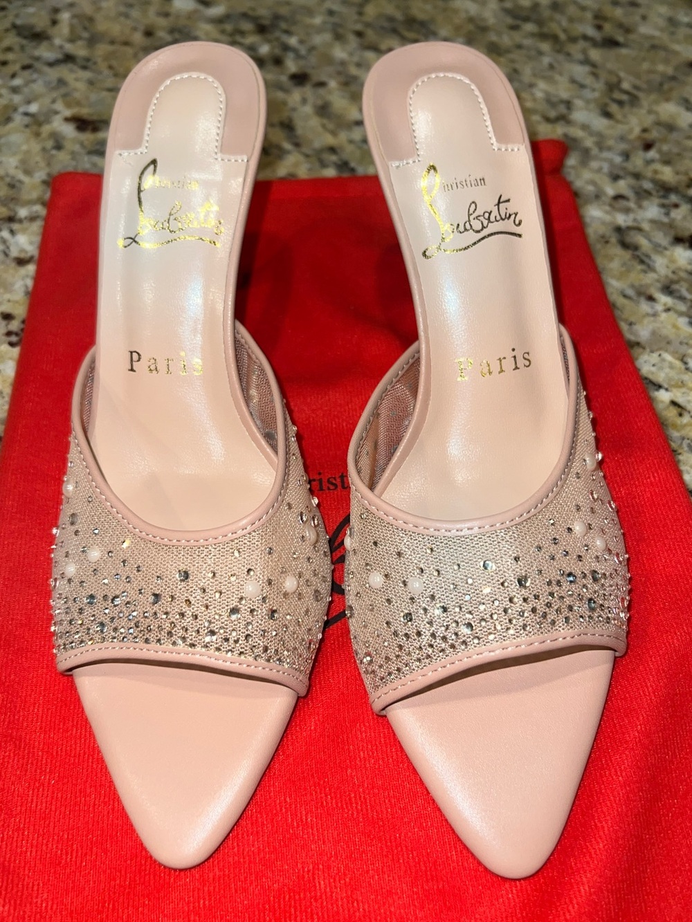 NEW Red bottom heels rhinestone pearls mesh beige pumps 3 inch